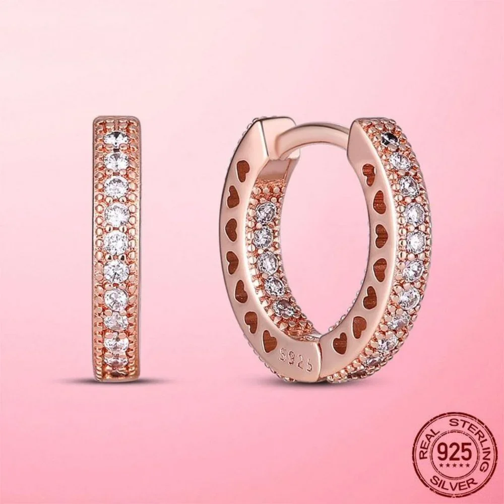 Rose Gold Pavé Heart Hoop Earrings For Women - Picture 2 of 4